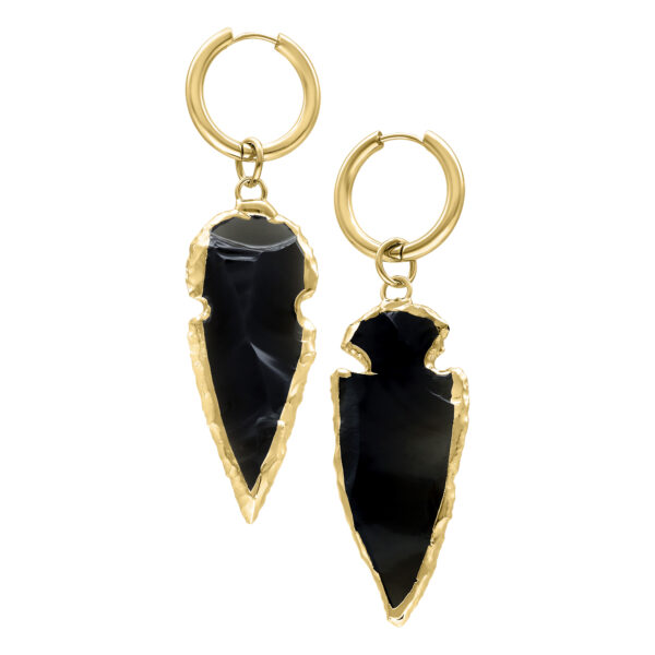 Mini Hoops dorados con colgante de obsidiana negra sobre fondo blanco