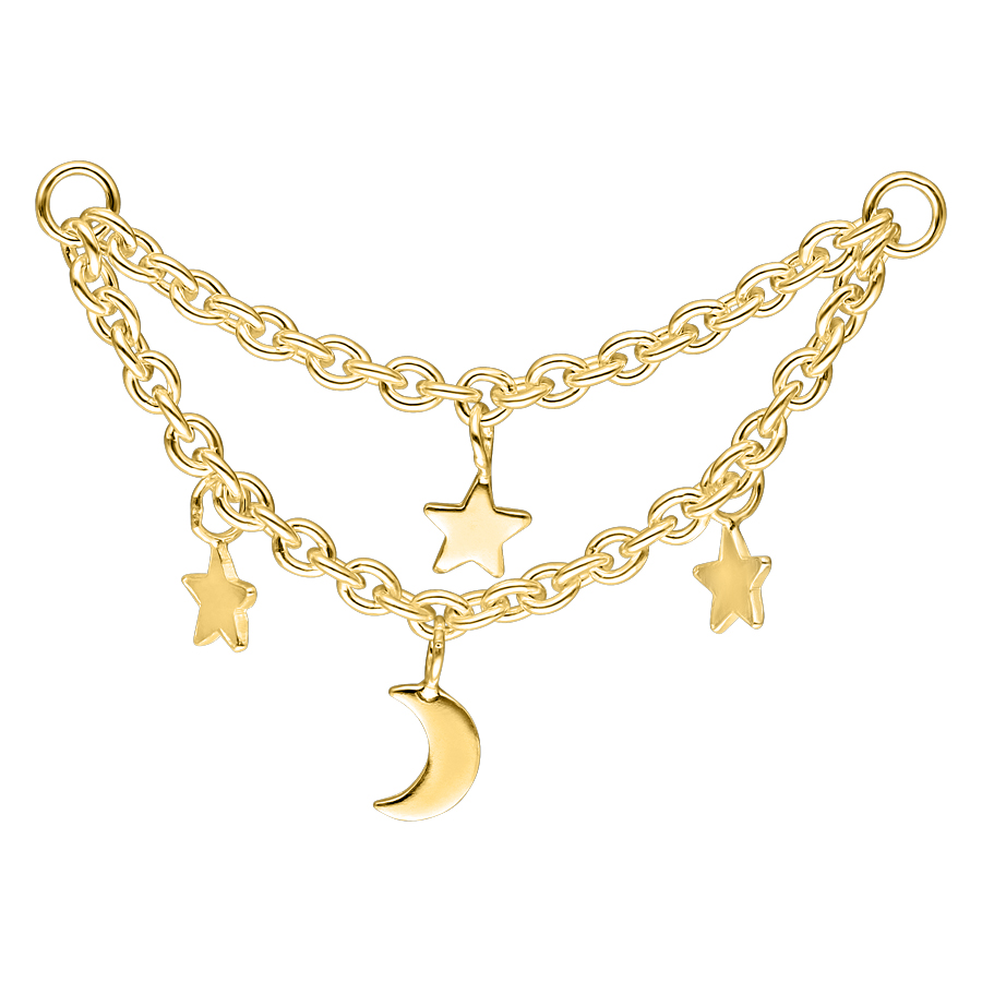 Cadena de piercing dorada con colgantes de luna y estrellas sobre fondo blanco