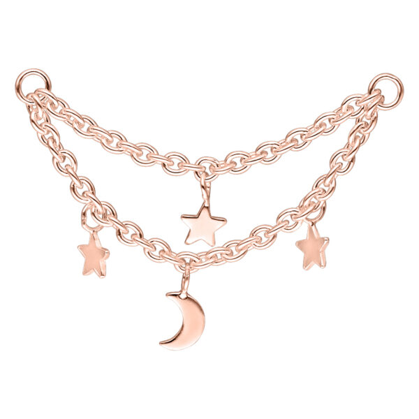 Roségoldene Piercingkette mit Mond und Sternen auf weißem Hintergrund