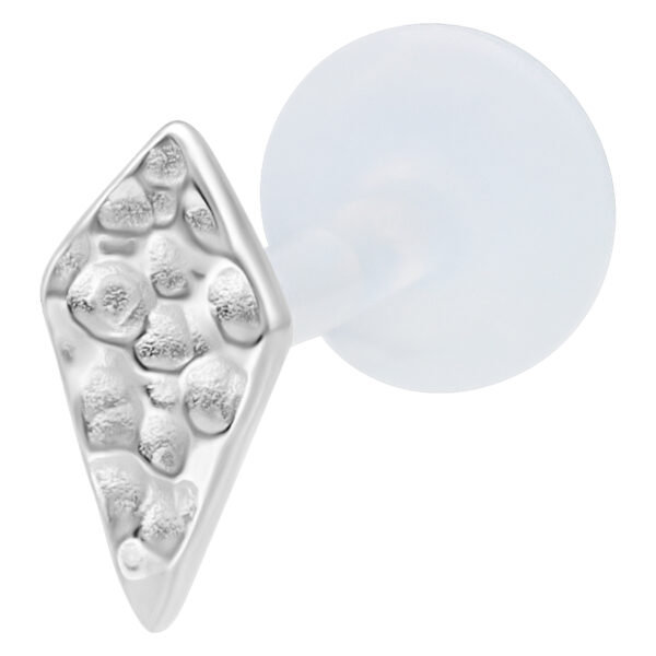 Labret de rombo plateado sobre fondo blanco con barra de PTFE