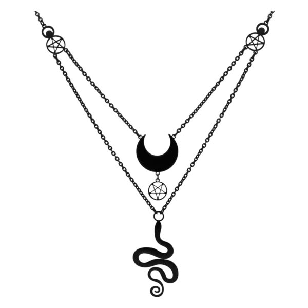 Cadena negra de dos hileras de acero quirúrgico con colgantes de luna y serpiente sobre fondo blanco