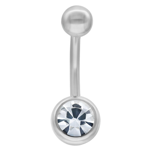 Piercing de ombligo de titanio en oro blanco con cristal claro sobre fondo blanco