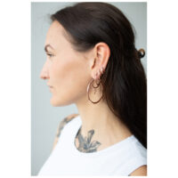 Roségoldene Ohrringe mit Klappverschluss getragen von Frau mit dunklem Haar im Profil