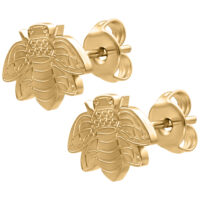 Pendientes de abejas doradas de acero quirúrgico Par de pendientes de abejas doradas de acero quirúrgico sobre fondo blanco