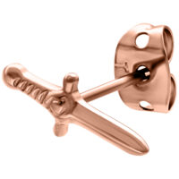Hochglanzpolierter Schwert-Ohrstecker in Roségold auf weißem Hintergrund