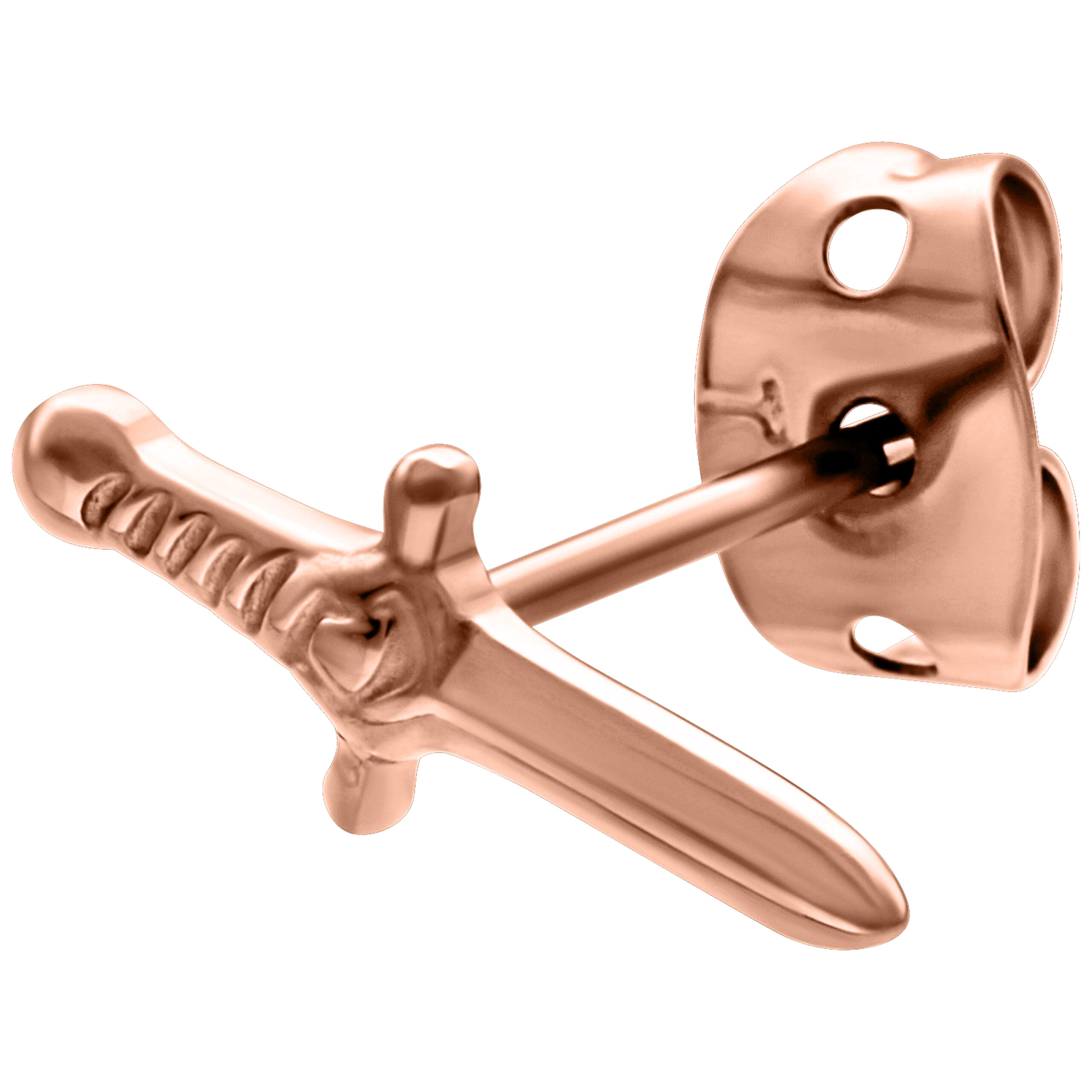 Hochglanzpolierter Schwert-Ohrstecker in Roségold auf weißem Hintergrund