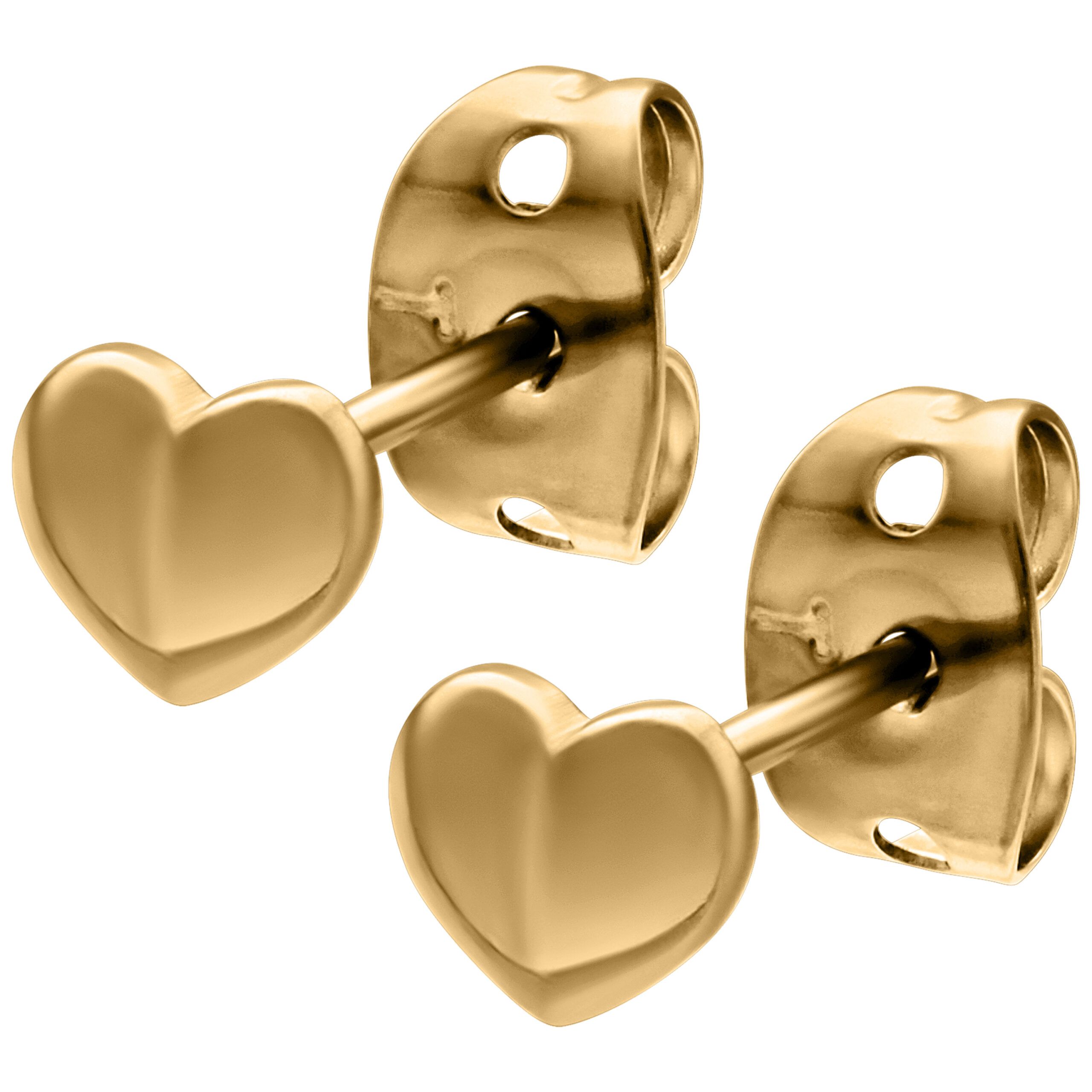 Dos brillantes pendientes de corazón dorados sobre fondo blanco