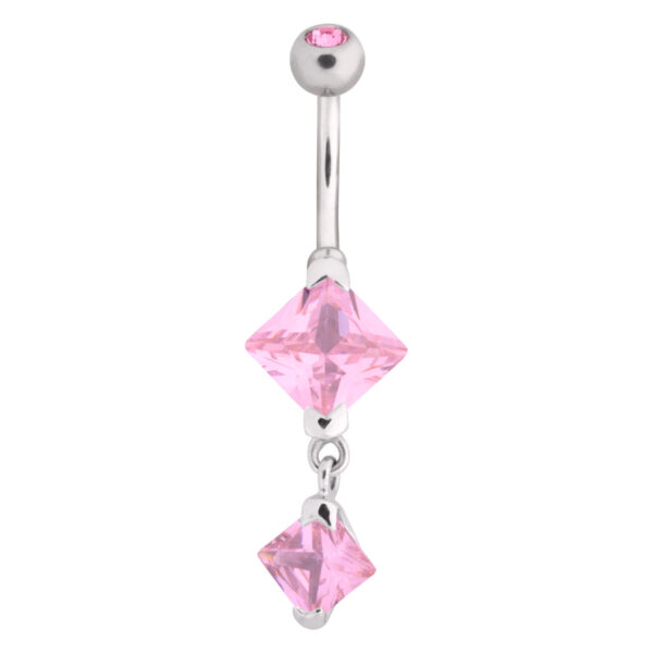 Piercing de ombligo plateado con dos cristales rosas sobre fondo blanco