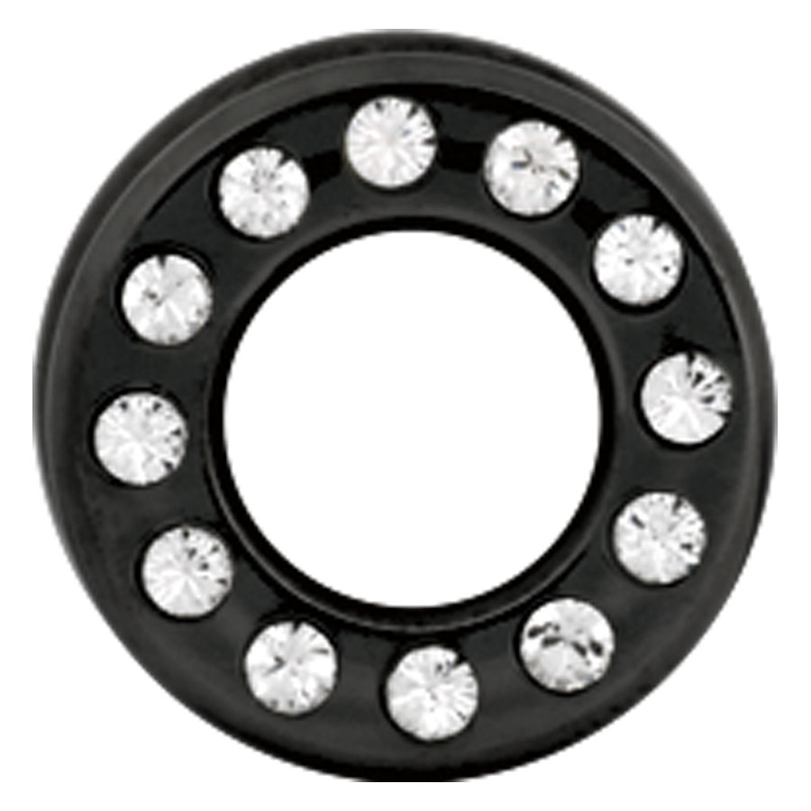 Schwarzer Titan-Tunnel mit klaren Kristallen, 3,0 mm Schwarzer runder Titan-Tunnel mit kristallklaren Steinen auf weißem Hintergrund