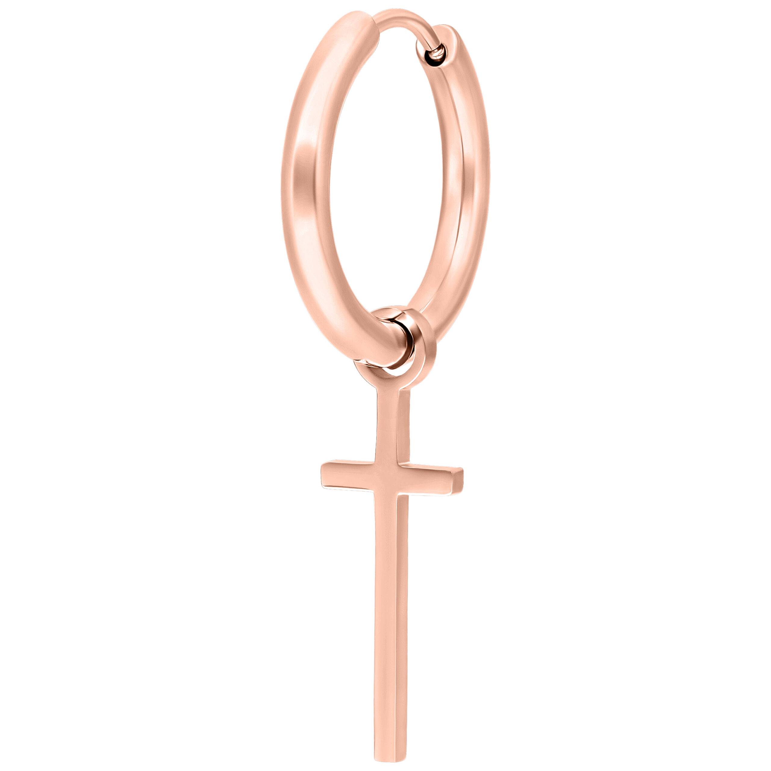 Kleine Kreuz-Ohrringe Roségold glänzend Roségoldene Ohrringe mit Kreuzanhänger auf weißem Hintergrund