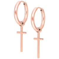 Kleine Kreuz Creolen in Roségold Zwei roségoldene Creolen mit Kreuzanhänger auf weißem Hintergrund