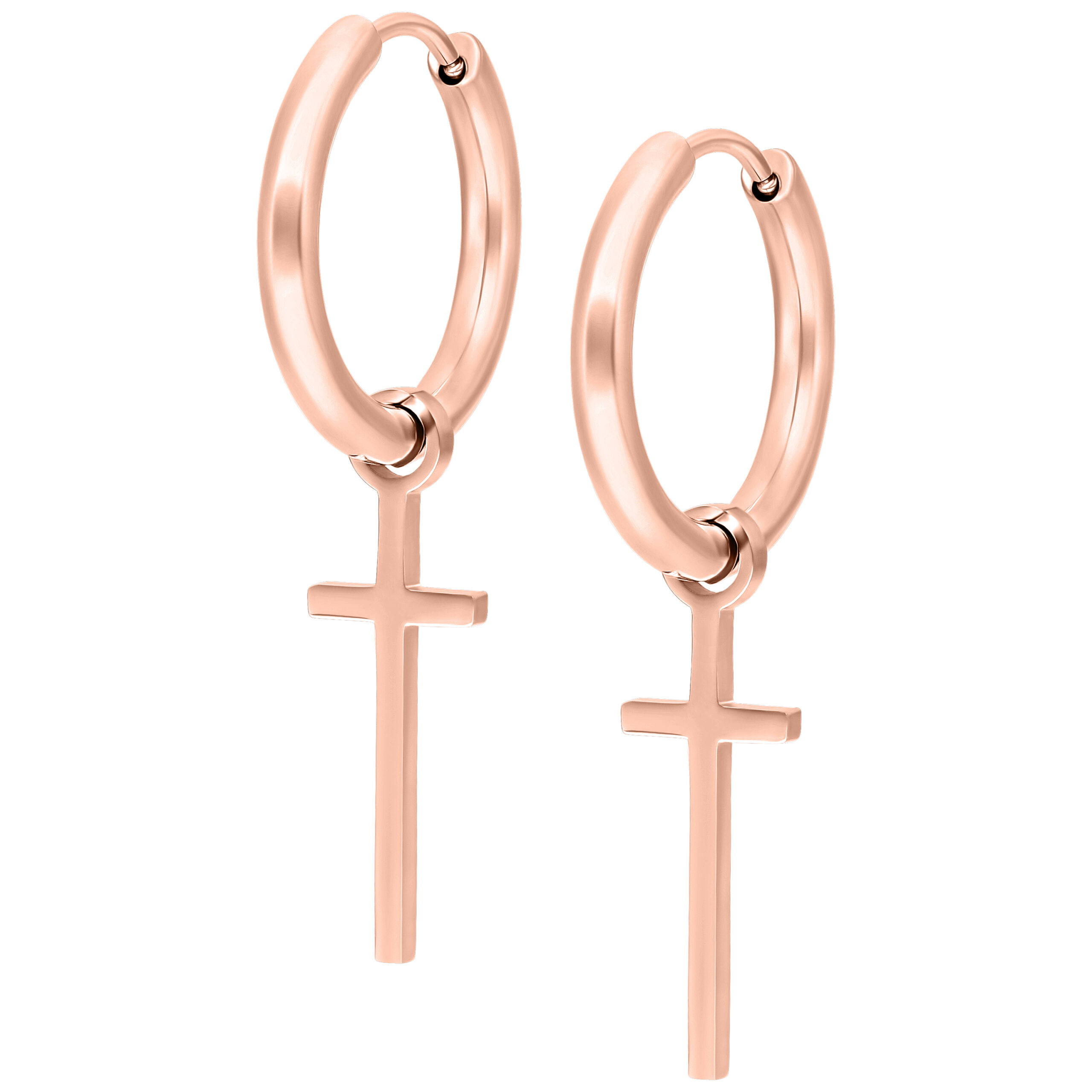 Kleine Kreuz Creolen in Roségold Zwei roségoldene Creolen mit Kreuzanhänger auf weißem Hintergrund