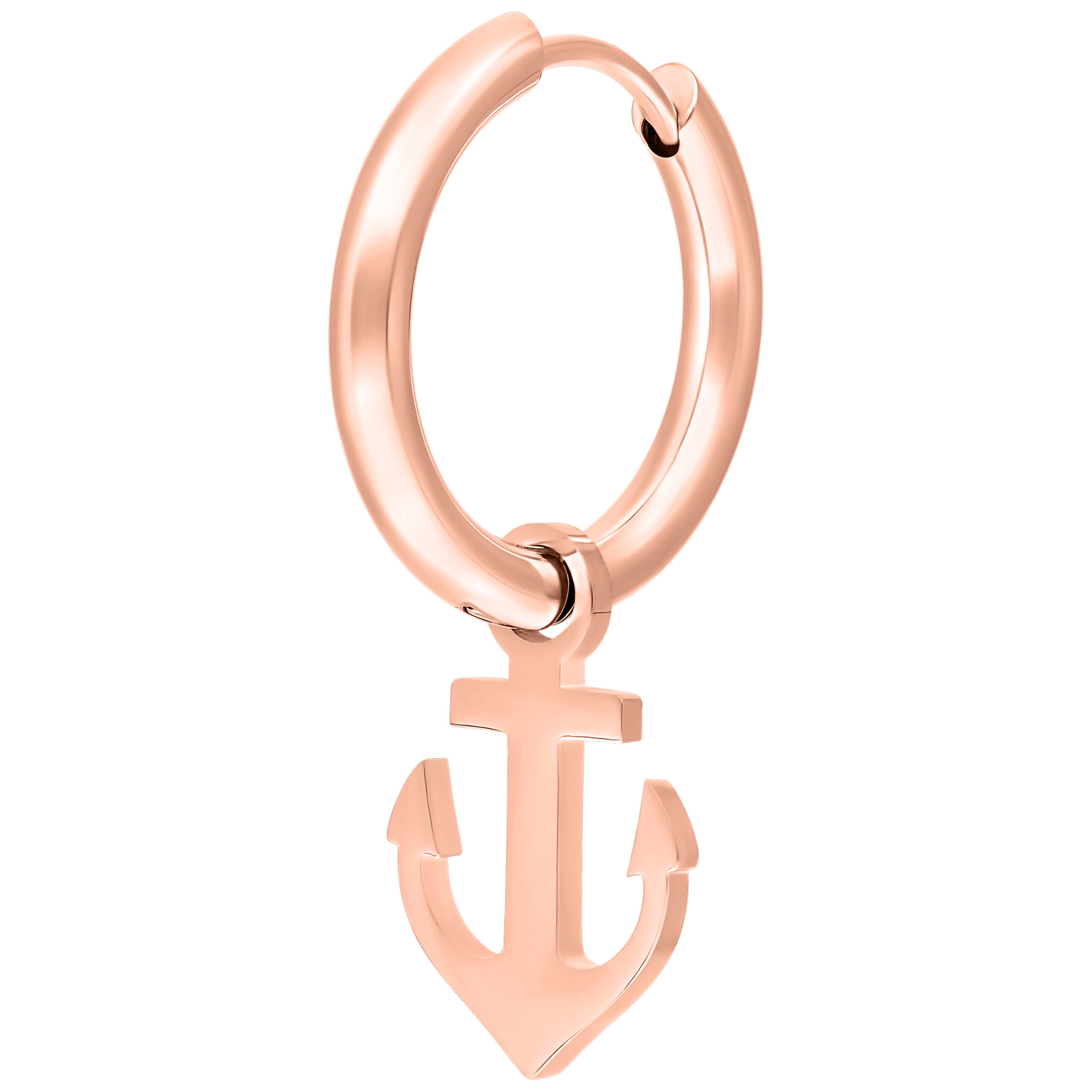 Roségoldene Ohrringe mit Ankeranhänger aus Chirurgenstahl auf weißem Hintergrund