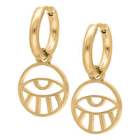 Par de aros dorados con colgante de ojo sobre fondo blanco