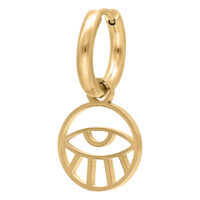 Aros dorados con colgante de ojo sobre fondo blanco