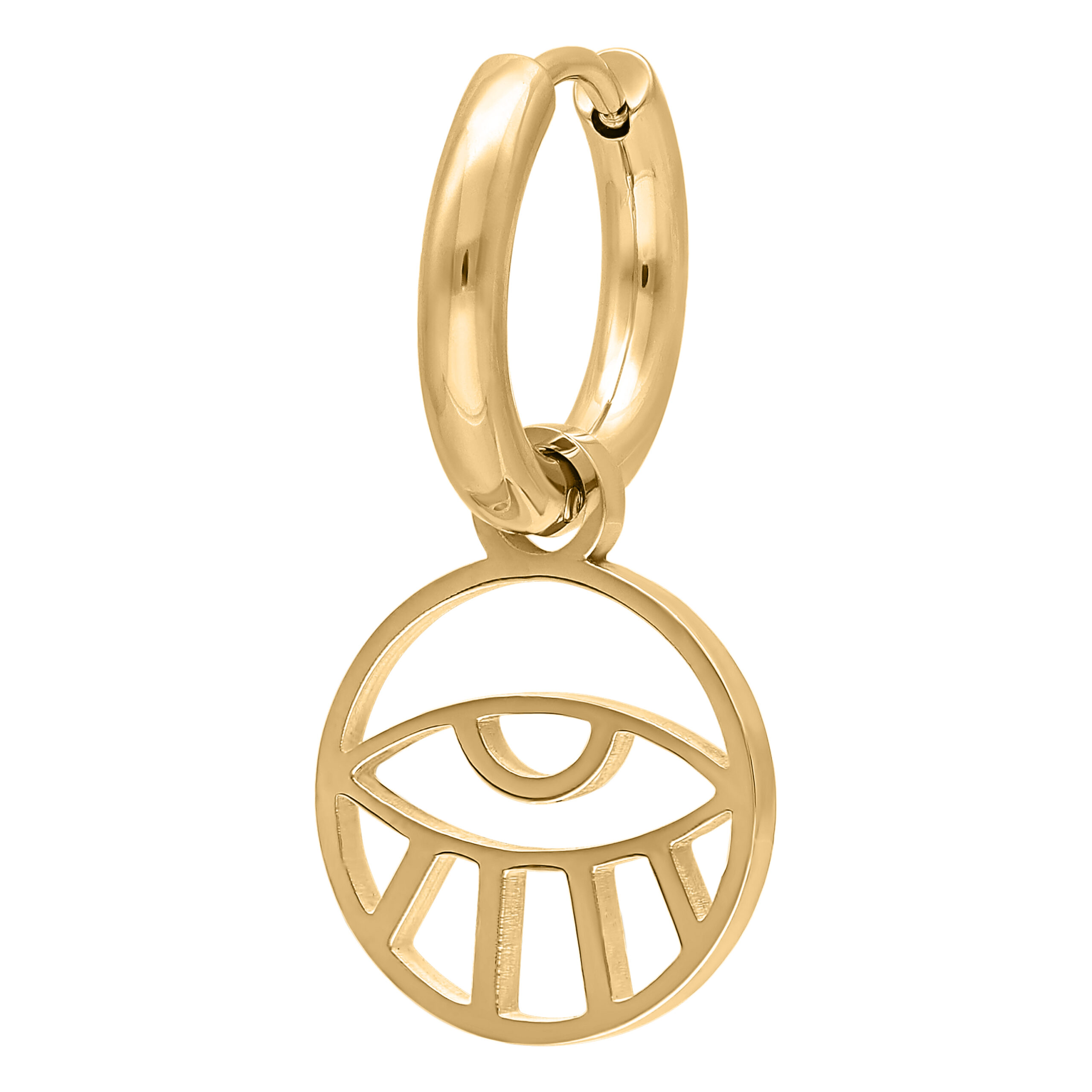 Aros dorados con colgante de ojo sobre fondo blanco