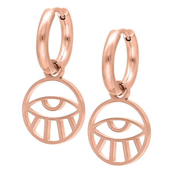 Dos pendientes de oro rosa con colgante en forma de ojo, sobre fondo blanco