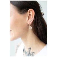 Petits Hoops mit Augenmotiv in Roségold Frau mit roségoldenen Ohrringen in Augenform, seitliches Profil, helles Hintergrund