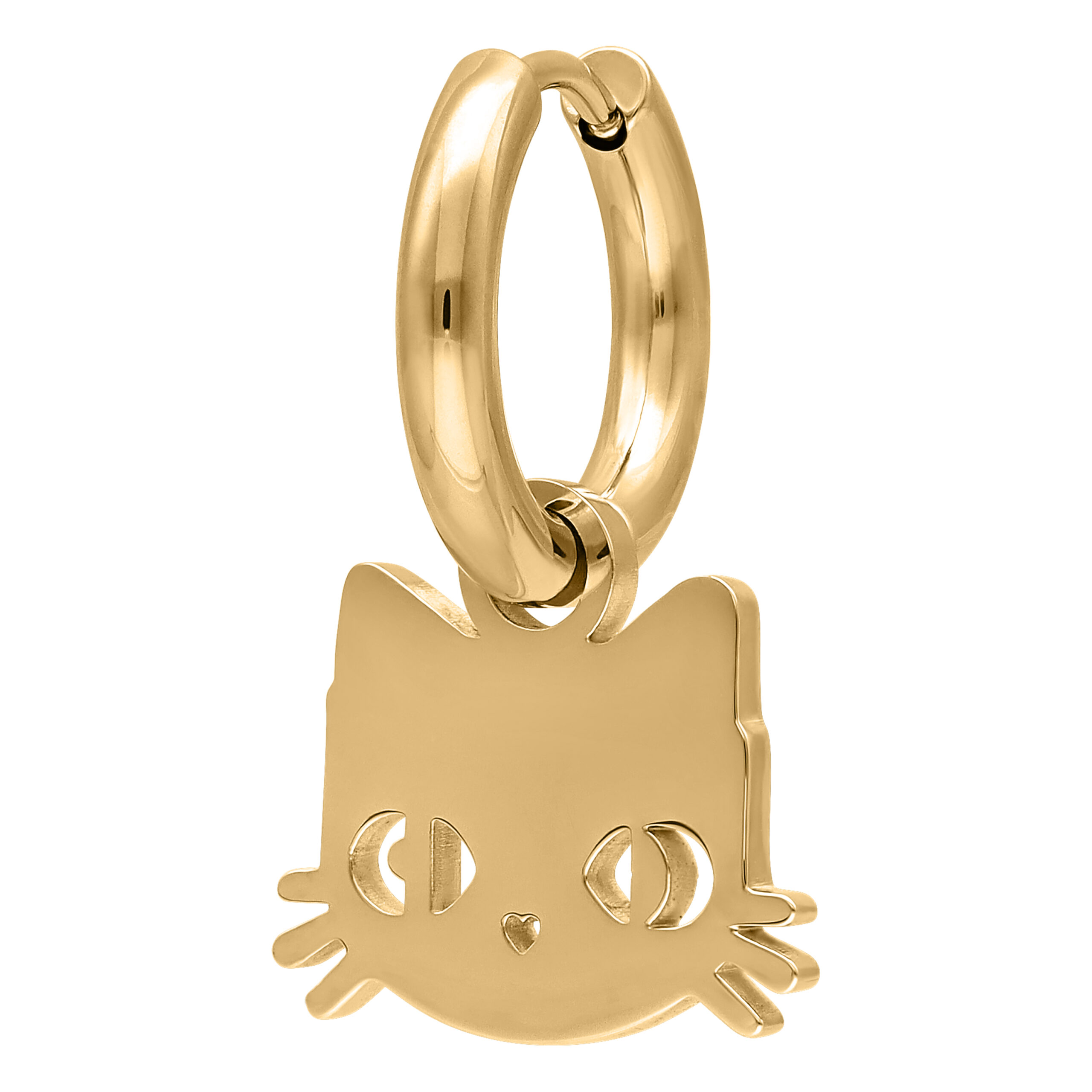 Pendientes dorados con colgante de gato sobre fondo blanco