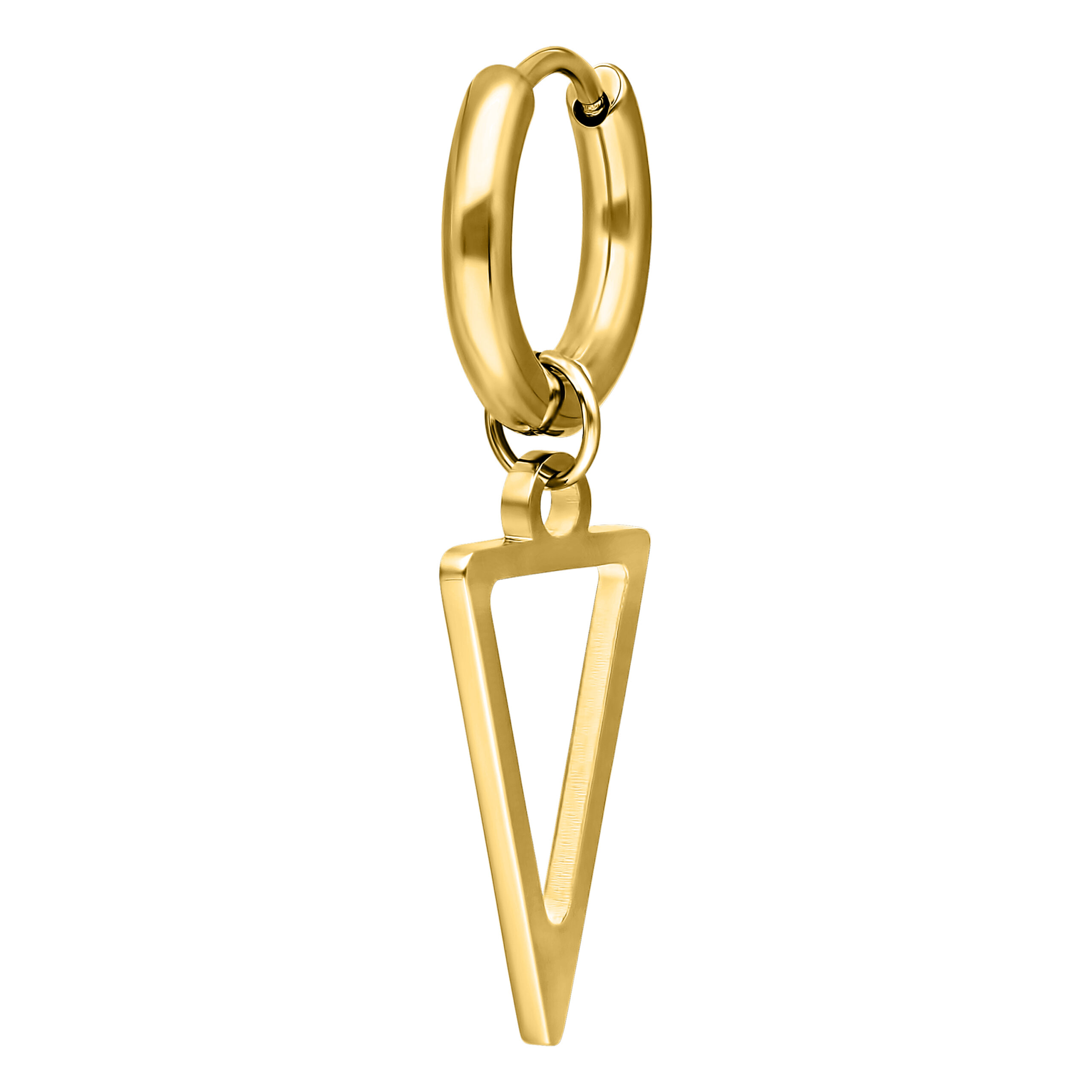 Aros dorados con colgante triangular sobre fondo blanco