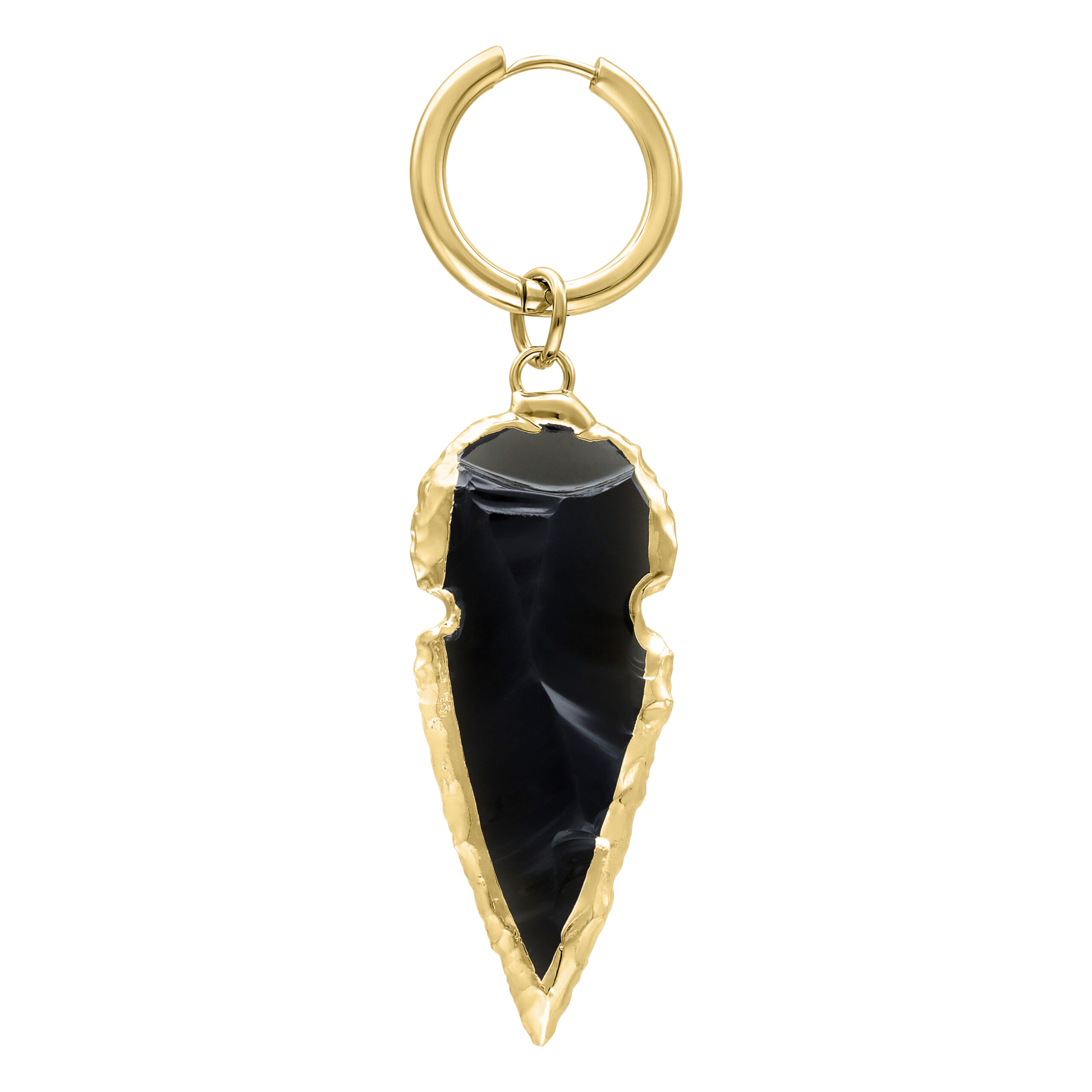 Mini Hoops dorados con obsidiana negra, pulidos a alto brillo sobre fondo blanco
