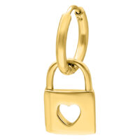 Pendientes dorados con colgante de candado en forma de corazón sobre fondo blanco