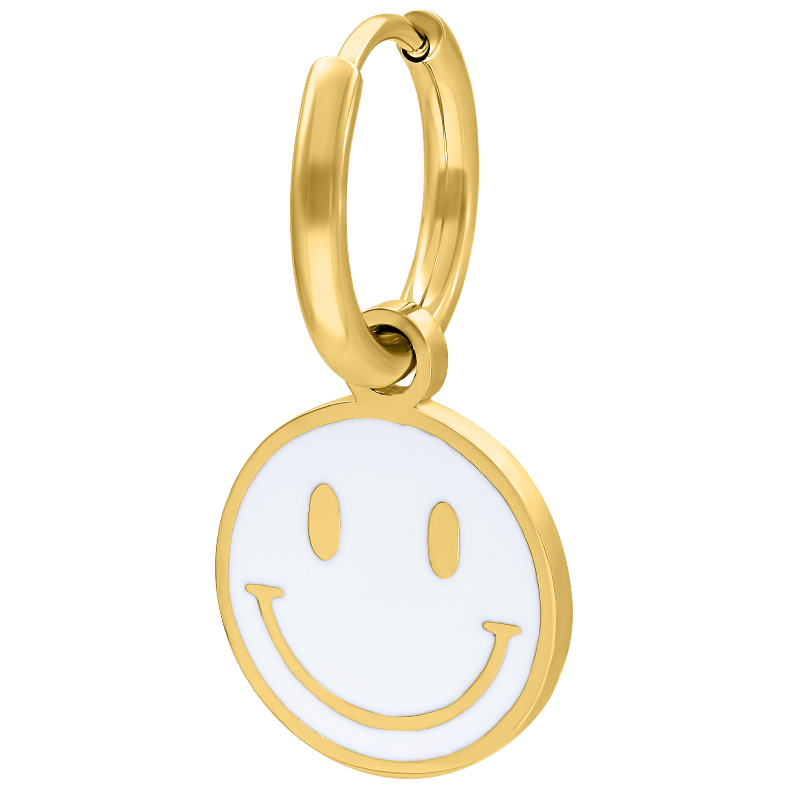 Pendiente dorado con colgante de carita blanca sobre fondo blanco