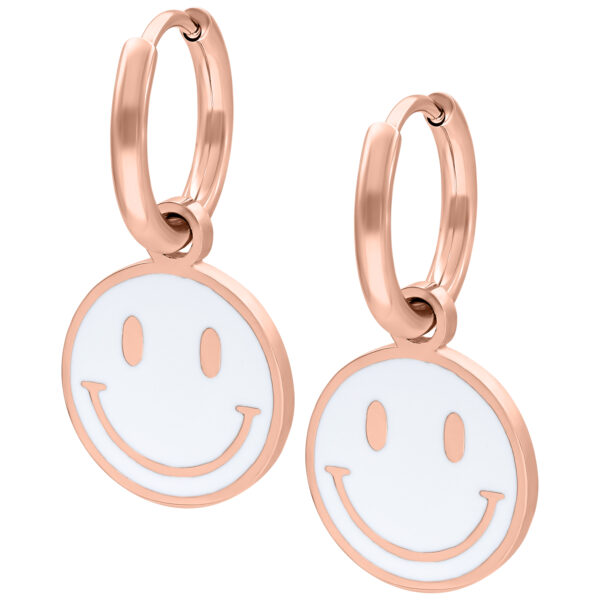 Pendiente Smiley blanco de acero quirúrgico en oro rosa sobre fondo blanco