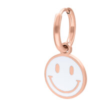 Roségoldene Smiley-Ohrringe in Weiß Roségoldene Ohrringe mit weißem Smiley-Anhänger auf weißem Hintergrund
