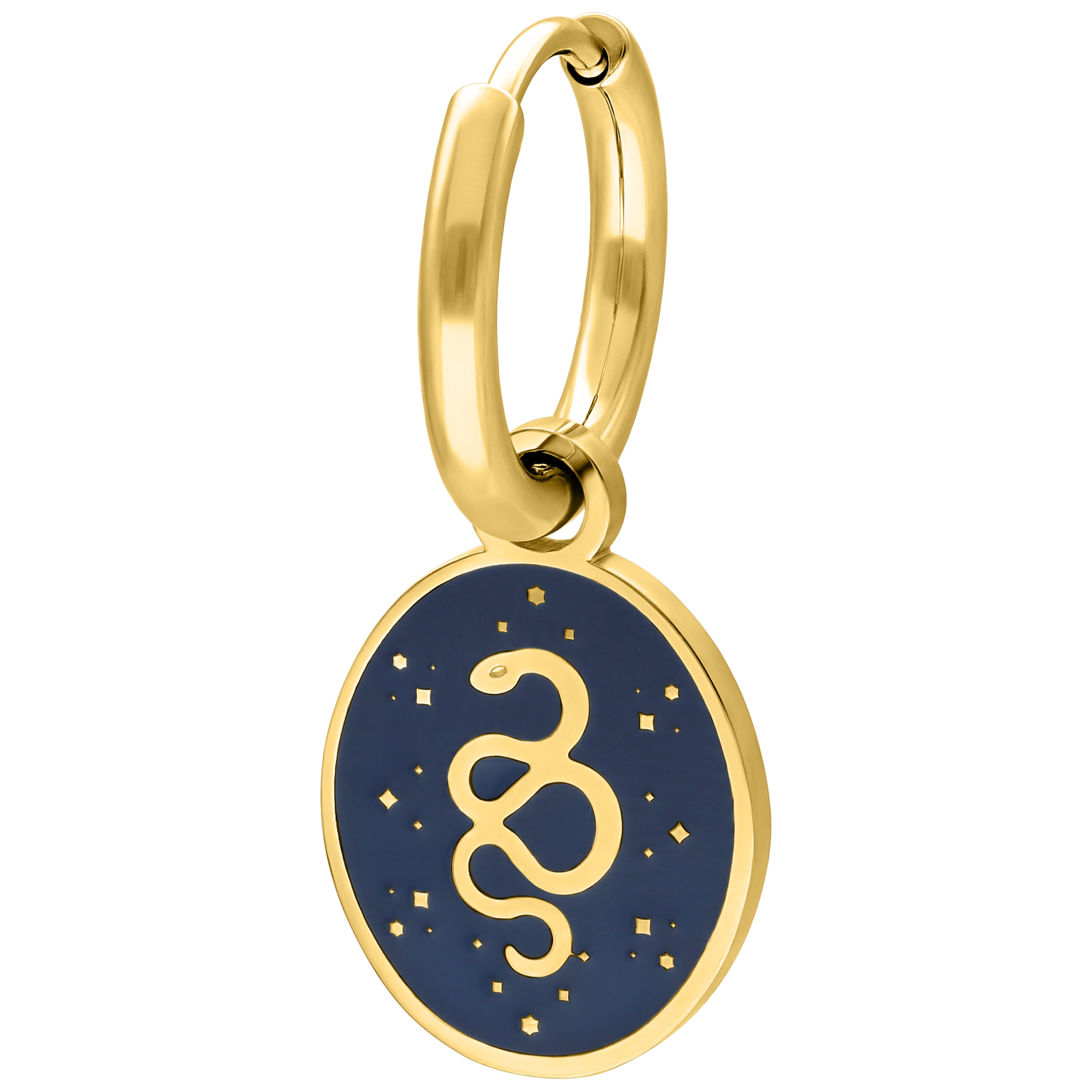 Pendiente dorado con motivo de serpiente y fondo azul