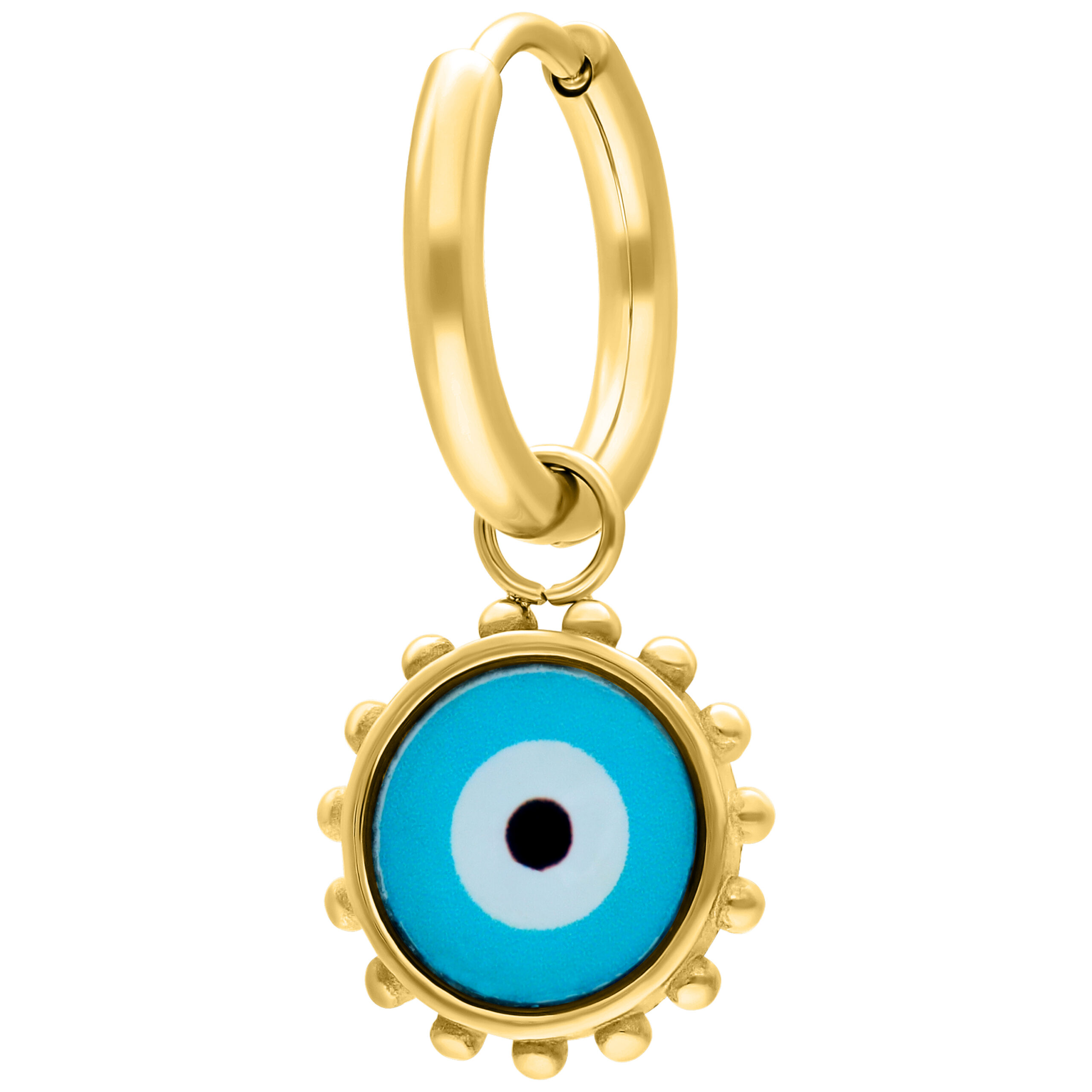 Pendiente dorado con ojo Nazar azul sobre fondo blanco