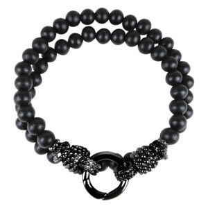 Pulsera negra de madera y acero quirúrgico, 160 mm de longitud, sobre fondo blanco