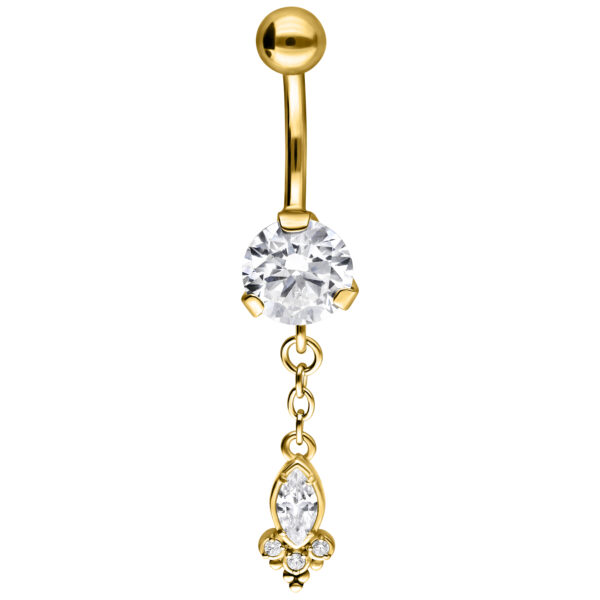 Piercing Bananabell de oro con colgante de cristal claro sobre fondo blanco