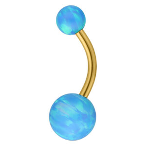 Goldenes Bananabell mit hellblauen synthetischen Opalkugeln auf weißem Hintergrund