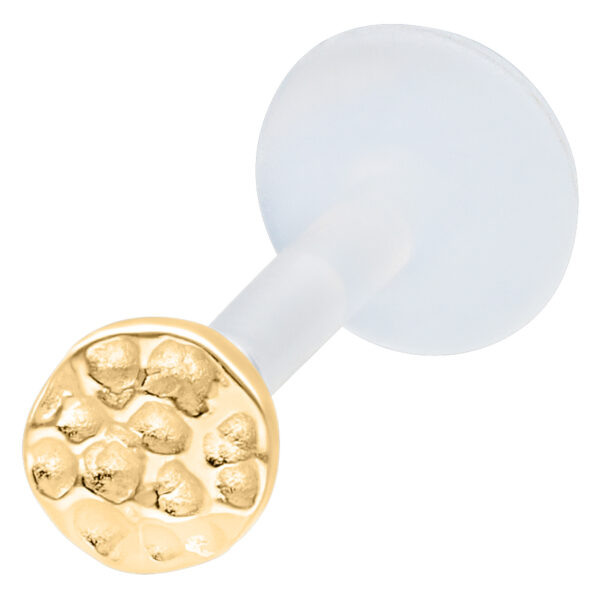 Labret dorado martillado con Push Fit sobre fondo blanco, 11 mm de longitud