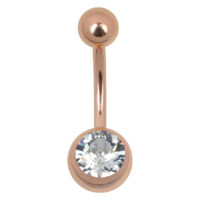 Roségold Bananabell mit Kristallklar Stein, 8mm Roségoldenes Bauchnabelpiercing mit kristallklarem Stein auf weißem Hintergrund