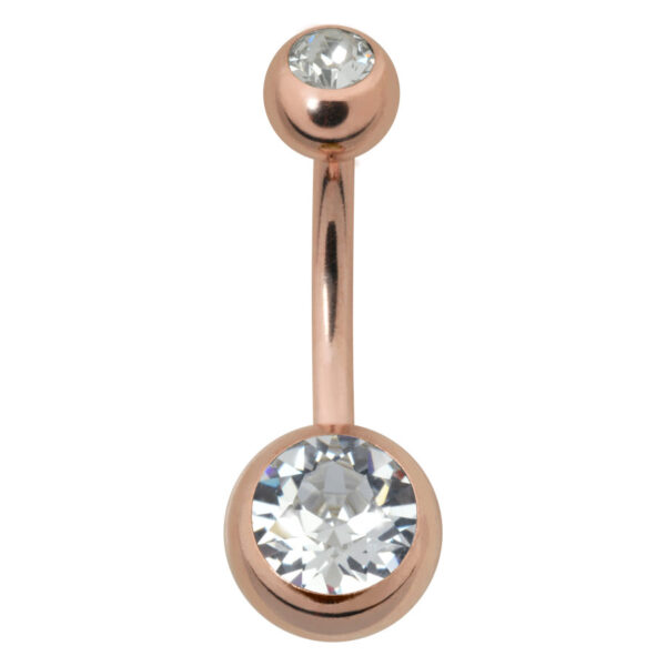 Piercing de ombligo de oro rosa con dos piedras cristalinas sobre fondo blanco