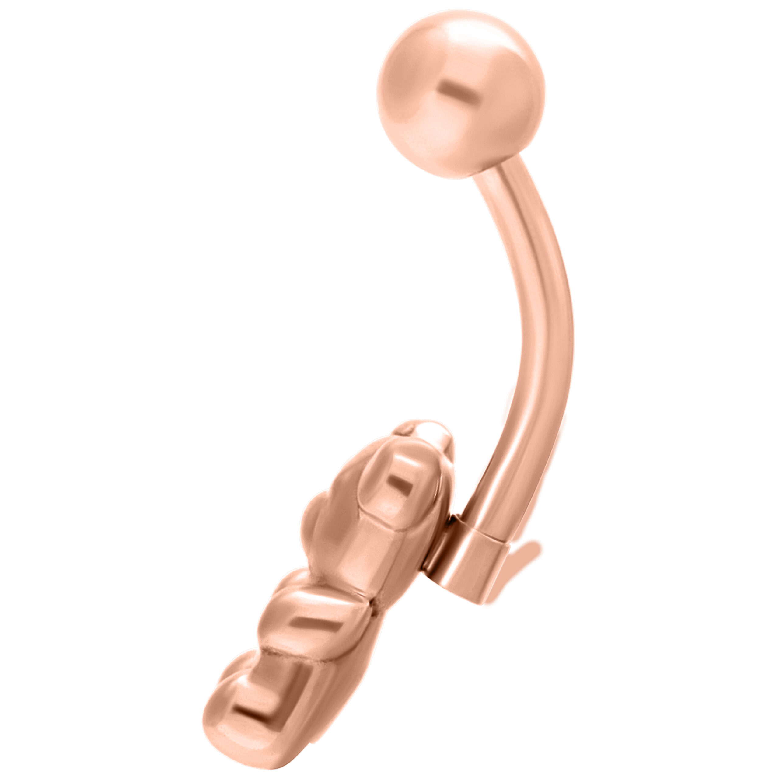 Roségoldenes Bauchnabelpiercing in Form eines Gummibärchens auf weißem Hintergrund