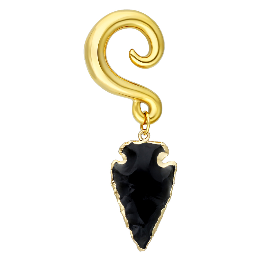 Peso de oreja dorado con colgante de obsidiana negra sobre fondo blanco
