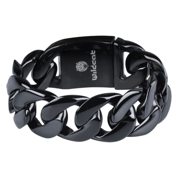 Pulsera negra trenzada de acero quirúrgico, longitud 190 mm, sobre fondo blanco