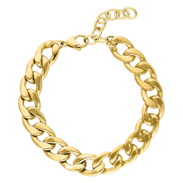 Pulsera Chunky dorada brillante de acero quirúrgico sobre fondo blanco