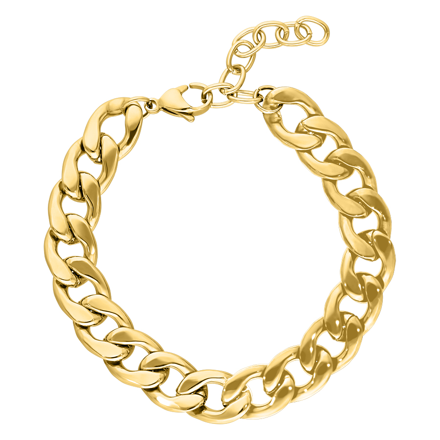Pulsera Chunky dorada brillante de acero quirúrgico sobre fondo blanco