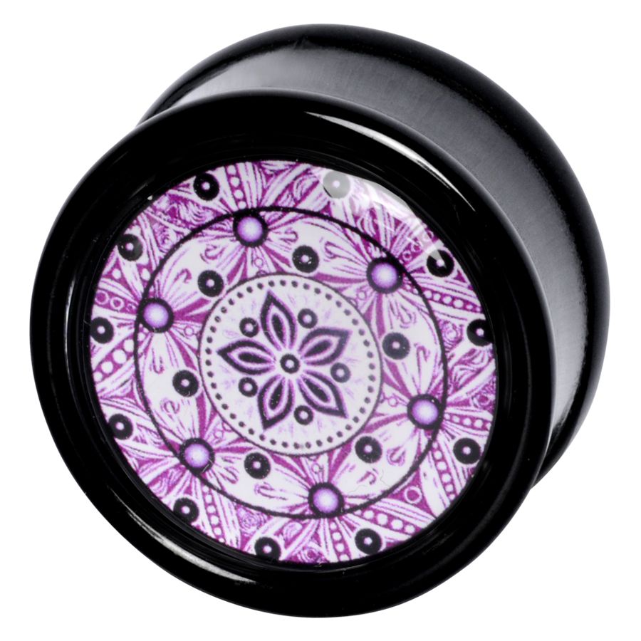 Runder Flower Plug mit violettem Zendala-Muster auf schwarzem Hintergrund