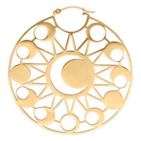 Aros Moon Eclipse Dorados Aros dorados redondos con motivo de luna y sol sobre fondo blanco