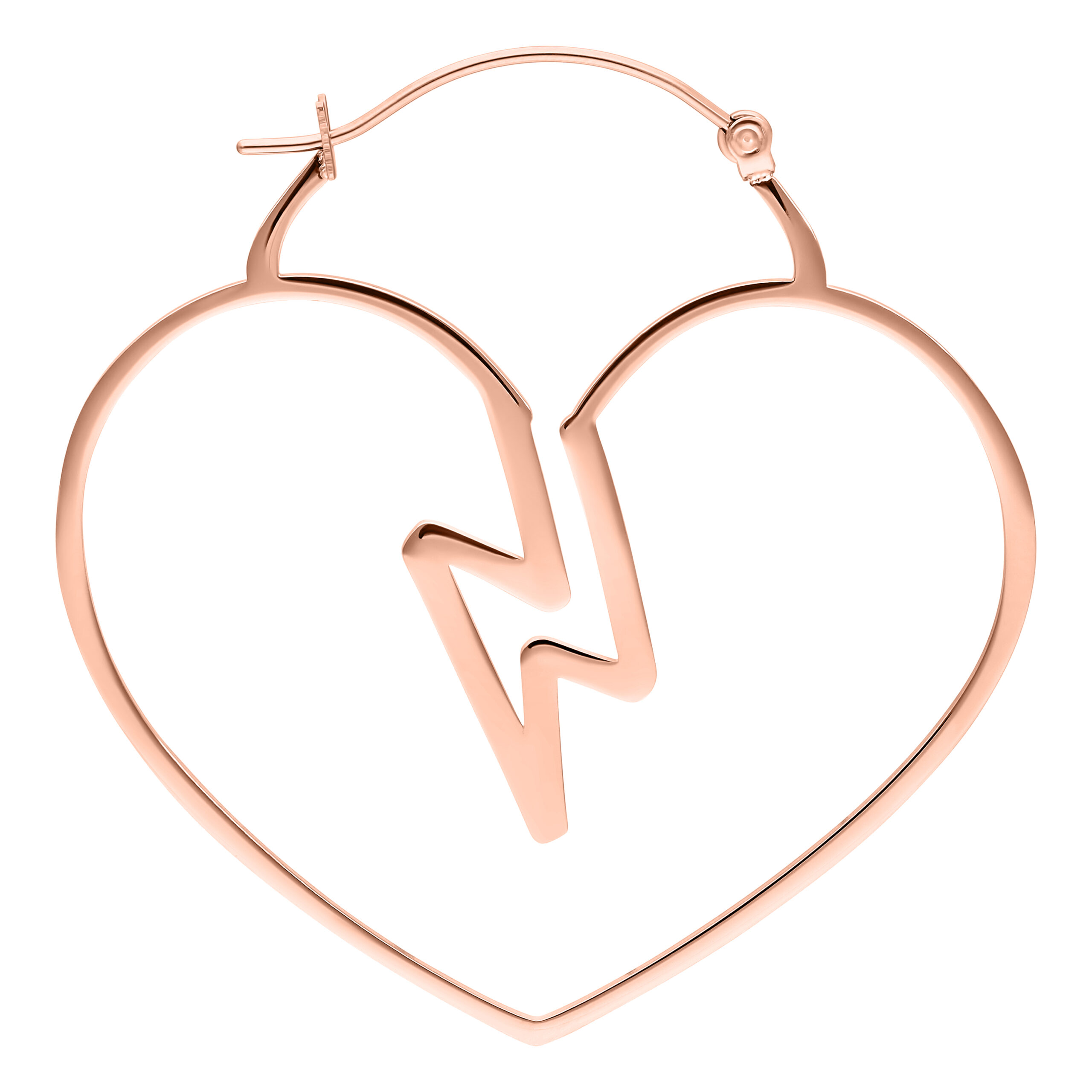 Roségoldene Heartbreaker Hoops Ohrringe Roségoldene herzförmige Ohrringe mit Klappverschluss auf weißem Hintergrund