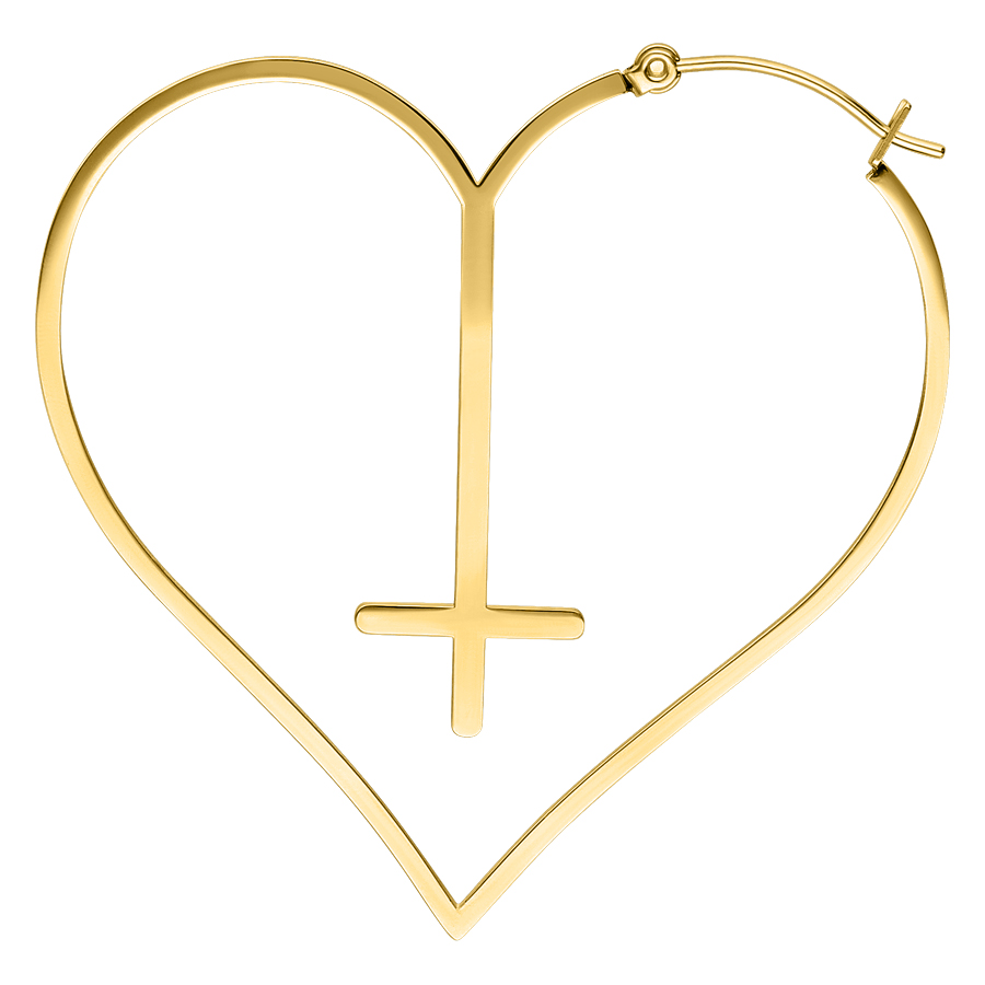 Aros de Corazón Cruzado Dorados Pendientes dorados en forma de corazón con diseño de cruz sobre fondo blanco