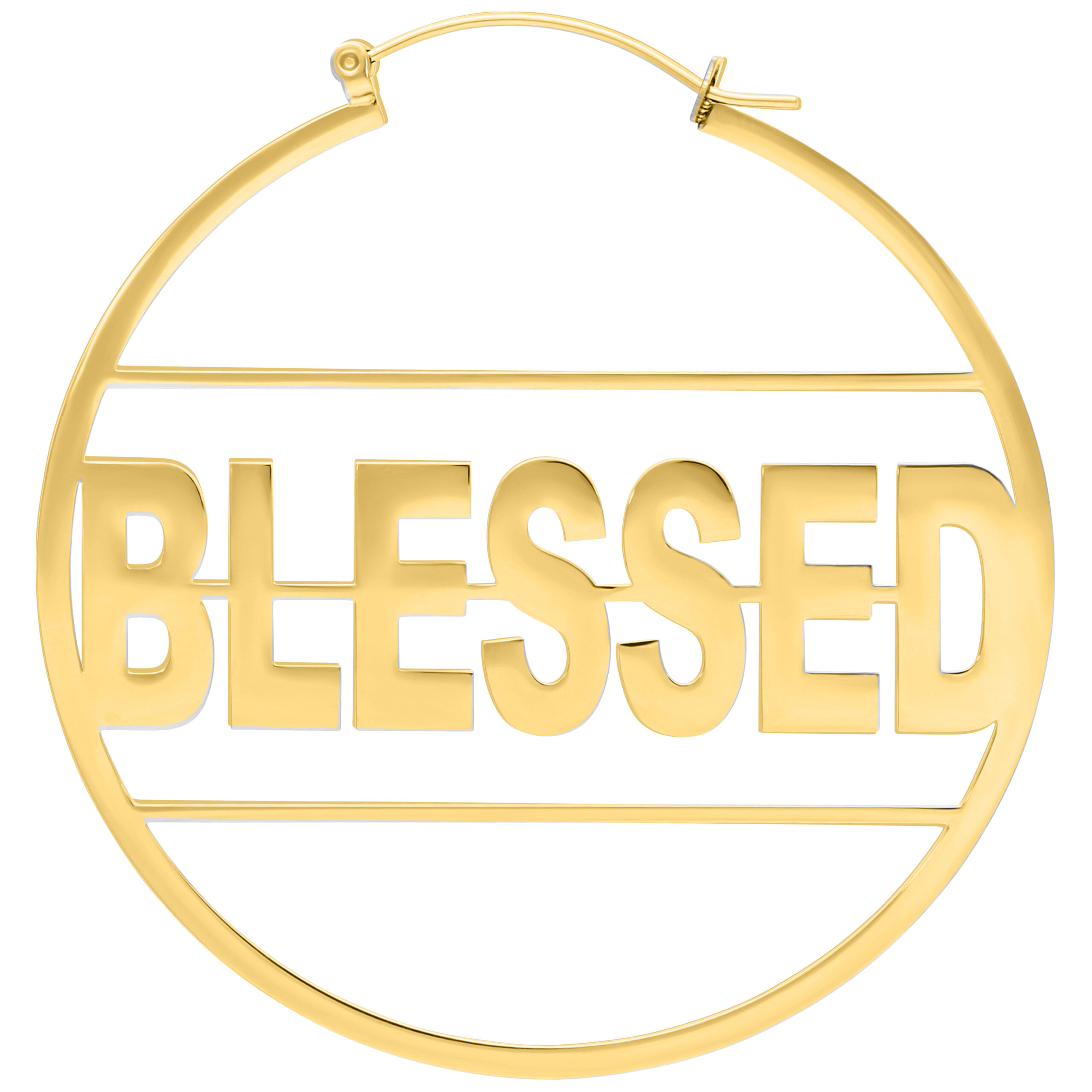 Aros dorados con la inscripción 'BLESSED' sobre fondo blanco