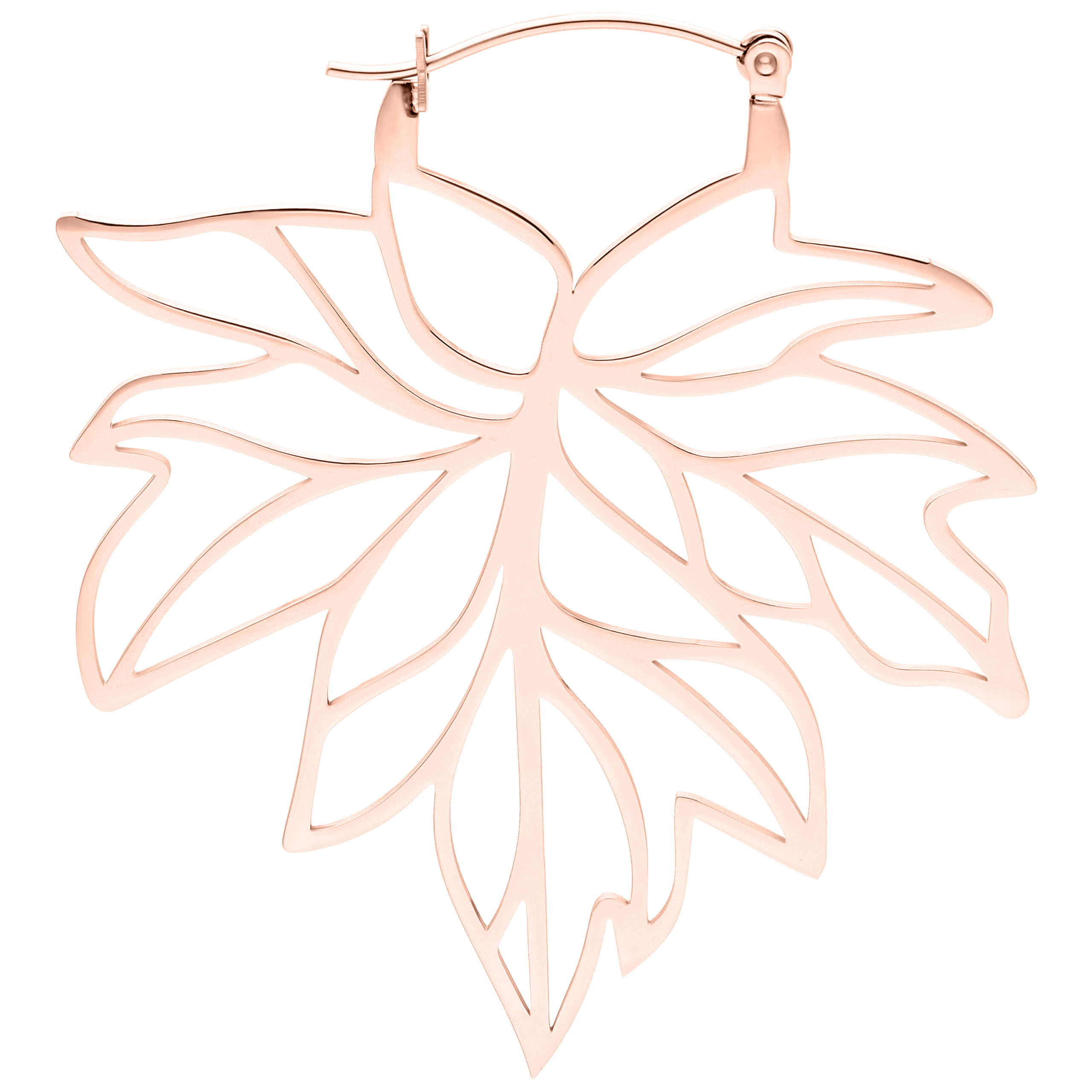 Roségoldene Autumn Leaf Hoops Ohrringe Roségoldene Ohrringe in Blattform mit Klappverschluss auf weißem Hintergrund