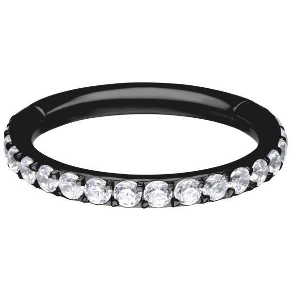 Anillo de piercing negro con cristales claros, 14 mm de diámetro, sobre fondo blanco