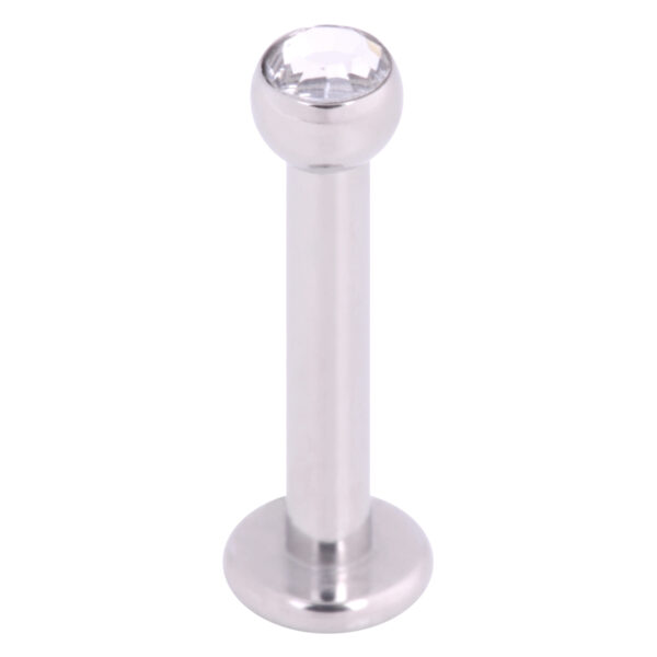Labret plateado de titanio con cristal claro sobre fondo blanco